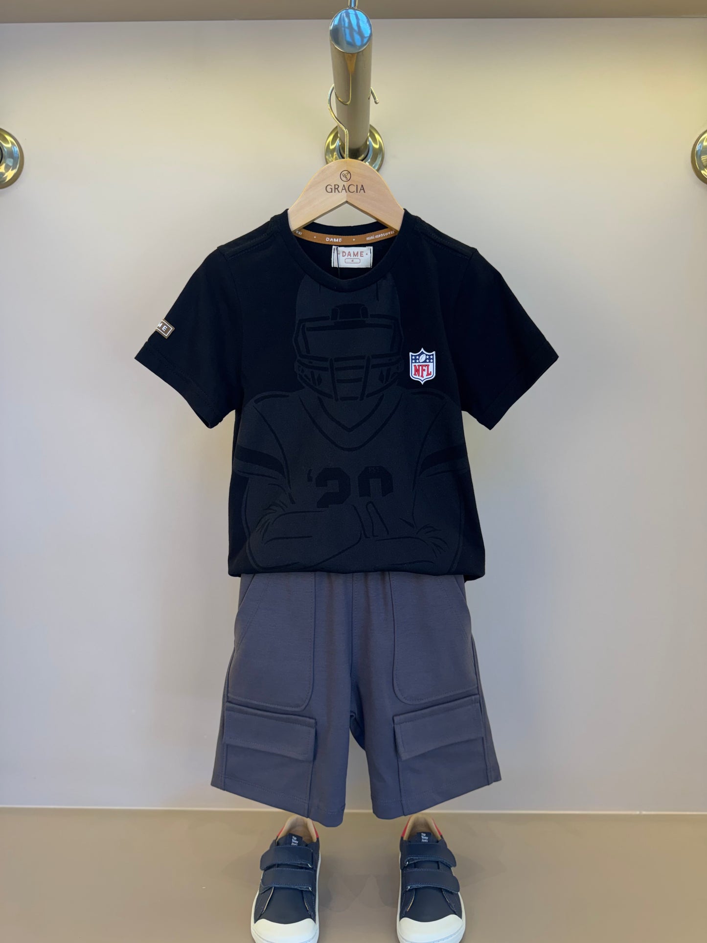 Conjunto Infantil Camiseta Algodão Jogador NFL e Bermuda Suedine Algodão Bolsos Grafite - Dame