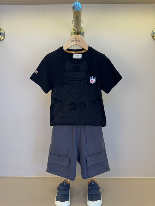 Conjunto Infantil Camiseta Algodão Jogador NFL e Bermuda Suedine Algodão Bolsos Grafite - Dame