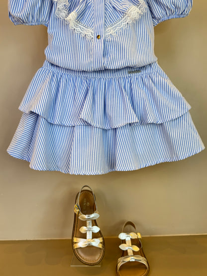 Conjunto Infantil Blusa com Babado Renda e Saia Camadas Listras Azul - Luluzinha