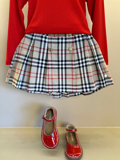 Conjunto Infantil Blusa ML Vermelha e Saia-shorts Alfaiataria Xadrez - Um Mais Um