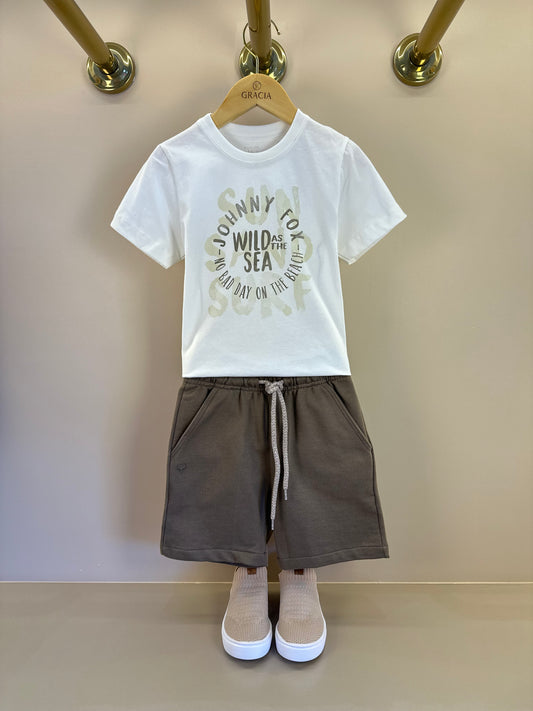 Conjunto Infantil Camisa Off White e Bermuda Marrom - Little Johnny