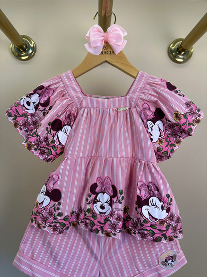 Conjunto Infantil Rosa Listrado Blusa Minnie Floral e Shorts - Animê