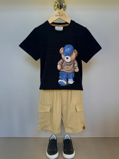 Conjunto Infantil Camiseta Algodão Teddy Pima Listrada e Bermuda Ponto Roma Bolsos Cargo Bege - Dame