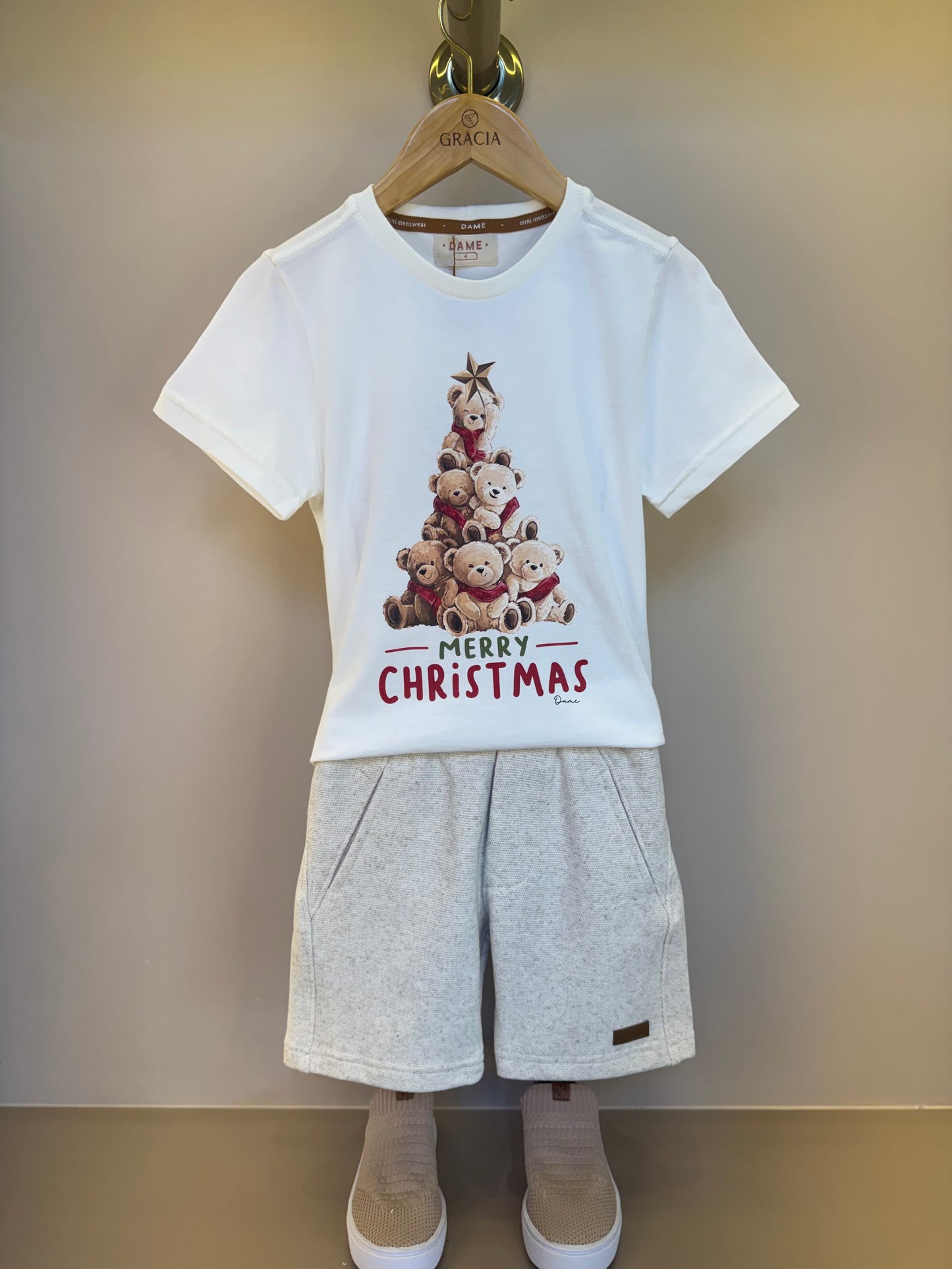 Conjunto Infantil Camiseta Algodão Teddy Natal MC e Bermuda Moletom Algodão Linho - Dame