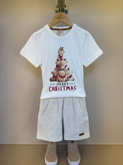 Conjunto Infantil Camiseta Algodão Teddy Natal MC e Bermuda Moletom Algodão Linho - Dame