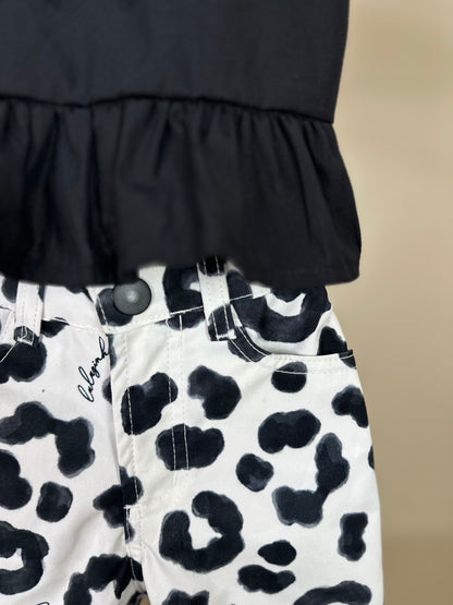 Conjunto Infantil Blusa Peplum Lacinho e Calça Sarja Animal Print P&B - Luluzinha
