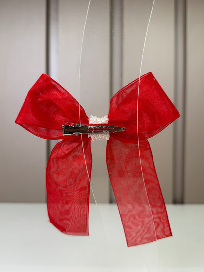Laço Infantil Organza Vermelho Miolo Pérolas - Roana