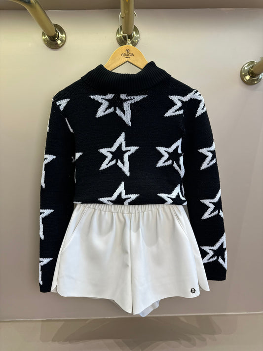 Conjunto Teen Blusa Tricot Star e Shorts Clochard Couro Tech Off White - Two In