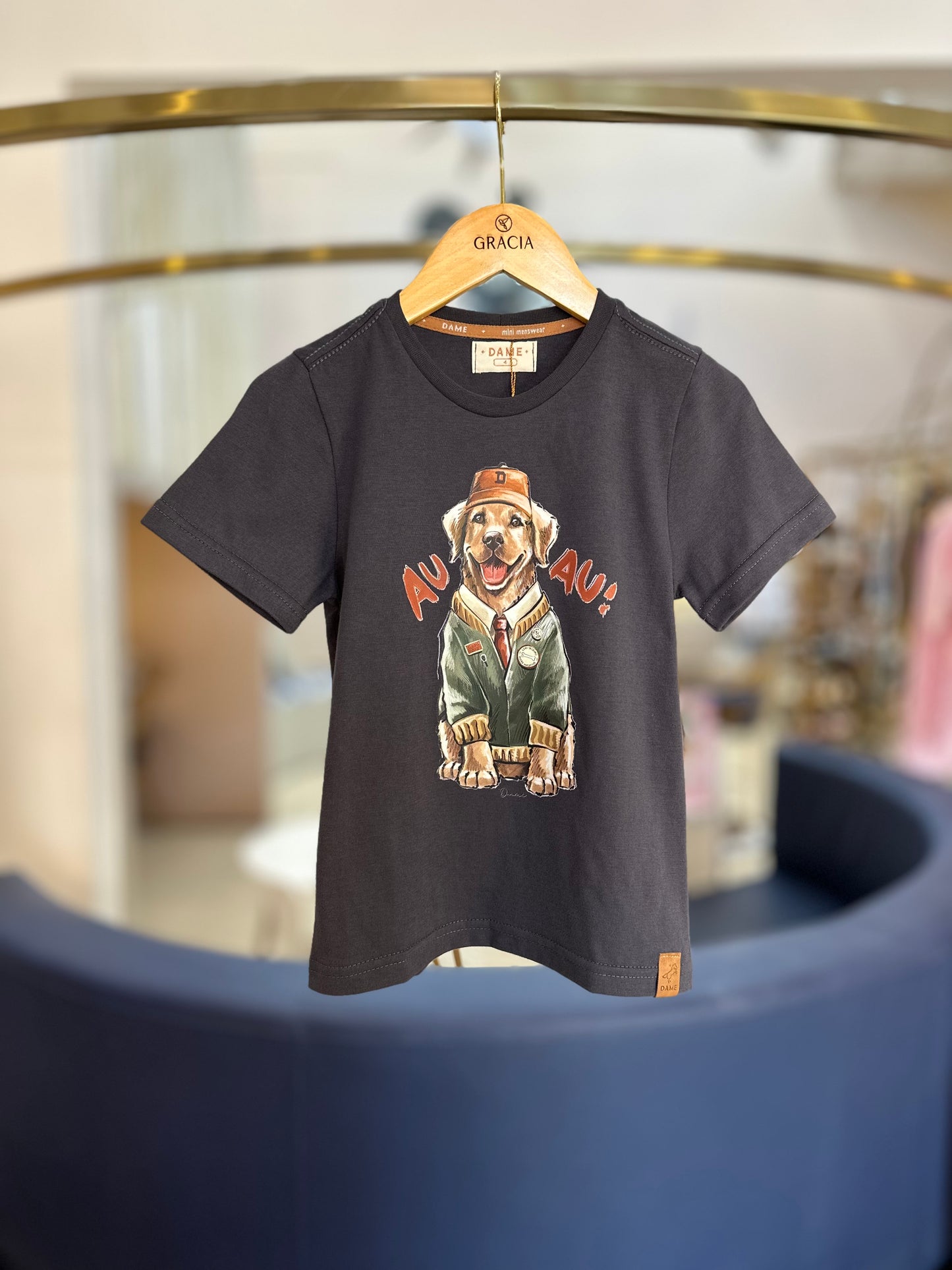 Conjunto Infantil Camiseta Cachorro Golden Grafite e Bermuda Linho Elastano Bege - Dame