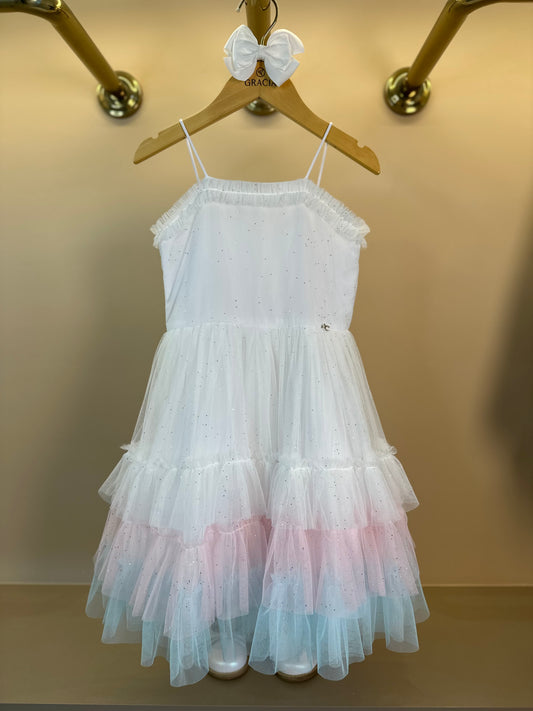 Vestido Infantil Branco Tule Degradê Cores - Petit Cherie