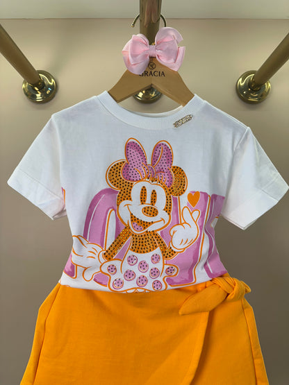 Conjunto Infantil Blusa Minnie Love e Shorts Saia Laranja Com Sobreposição - Animê