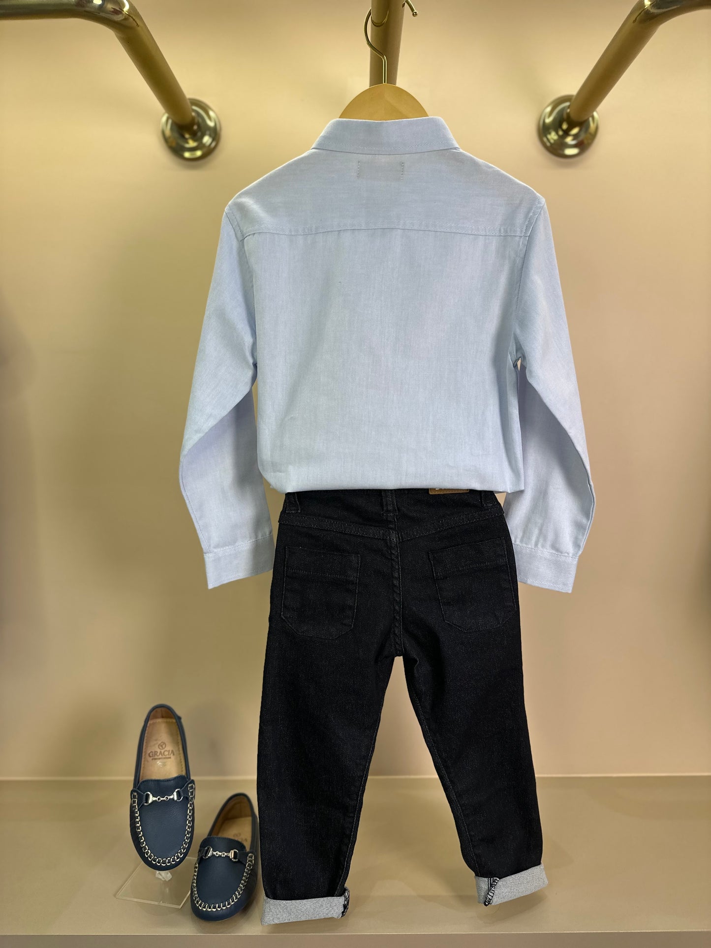 Conjunto Infantil Camisa Tricoline Azul e Calça Social Sarja Flex Preta - Dame