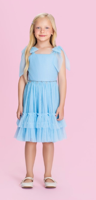 Vestido Infantil Em Tule Com Laços Nas Alças - Petit Cherie