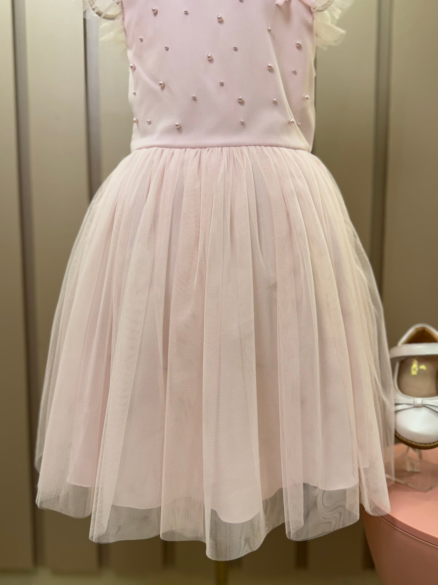 Vestido Infantil Festa Tule Poly Mesh Pérolas e Lacinho Aplicado Rosa - Petit Cherie