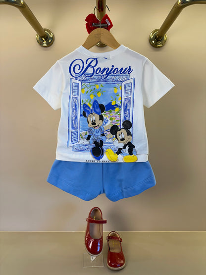 Conjunto Infantil Blusa Estampa Minnie e Mickey Bonjour e Saia Shorts Infantil Laço Bordado de Tomate - Animê