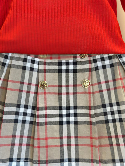 Conjunto Infantil Blusa ML Vermelha e Saia-shorts Alfaiataria Xadrez - Um Mais Um