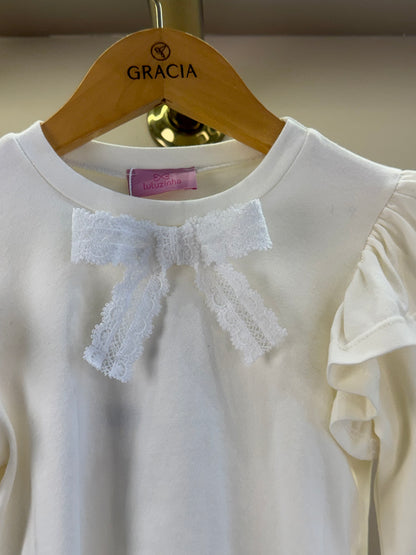 Blusa Infantil Manga Longa Com Laço Branca - Luluzinha