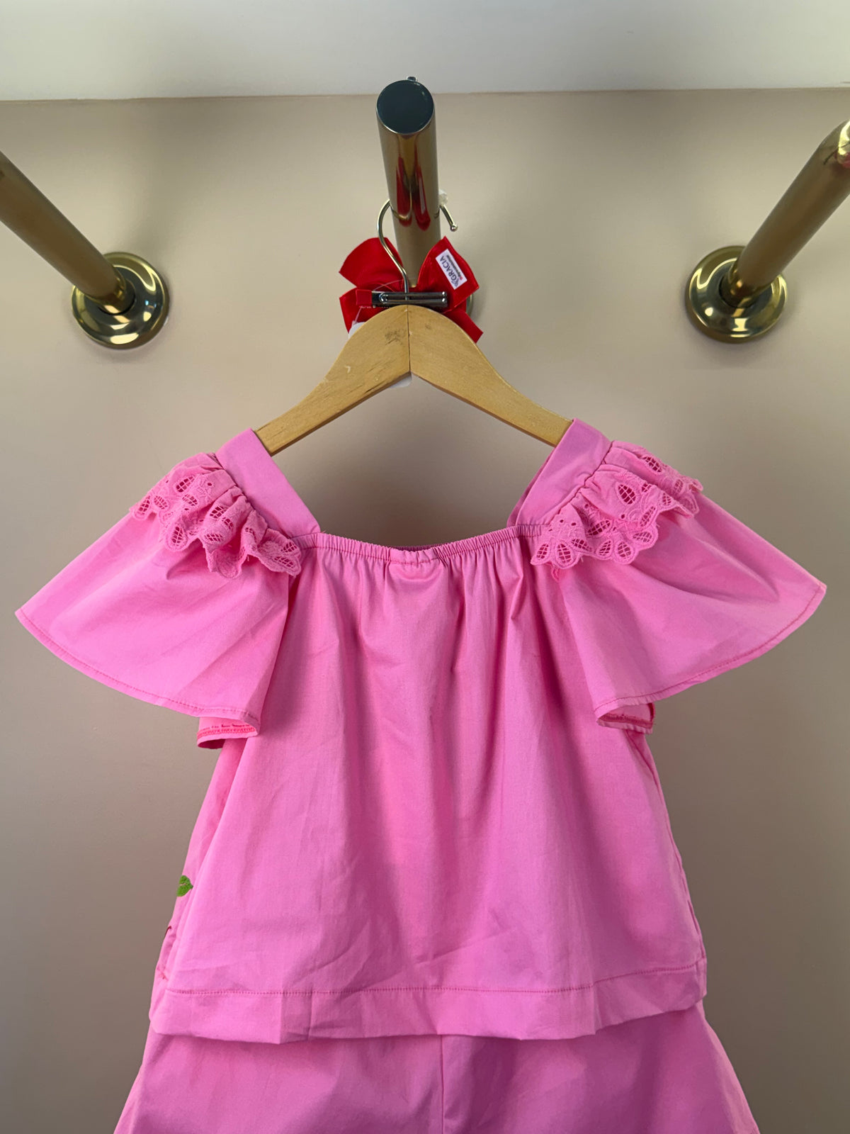 Conjunto Infantil Blusa Mangas Amplas Estampa Tomates e Shorts Saia Rosa - Animê