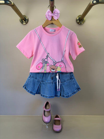 Conjunto Infantil Blusa Chaveiro Com Strass e Saia Jeans Pregas Com Pingente - Momi