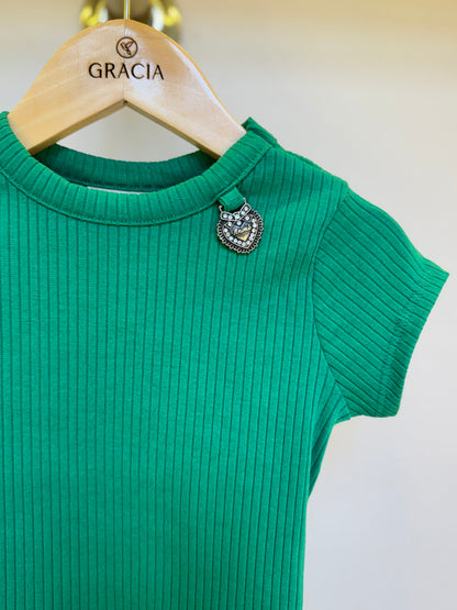Conjunto Infantil Blusa Canelada Essentials e Saia Tweed Xadrez Verde -Animê