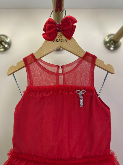 Vestido Infantil Tule Frufru Vermelho Laço Stress -Petit Cherie