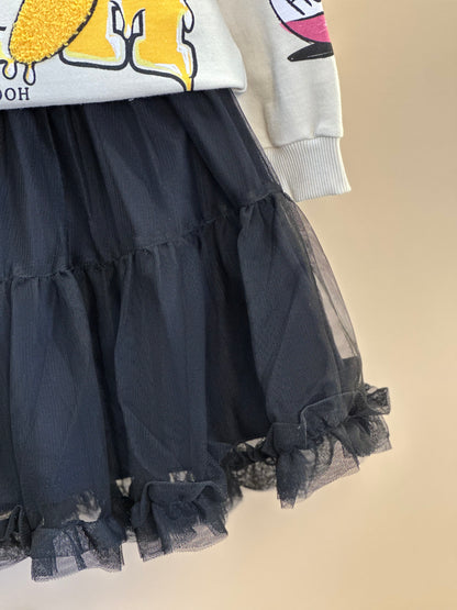 Conjunto Infantil Casacol Moletom Pooh Bege Vanilla e Saia Tule Preta - Animê Petite