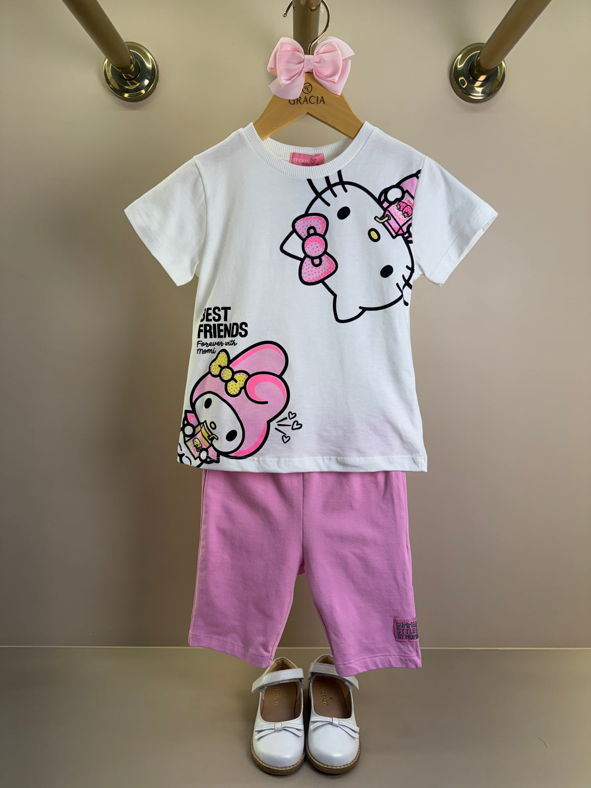 Conjunto Infantil Blusa Hello Kitty e My Melody e Shorts Legging Ciclista Rosa - Momi