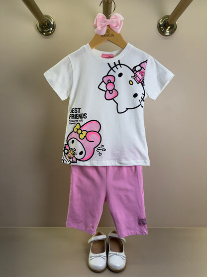 Conjunto Infantil Blusa Hello Kitty e My Melody e Shorts Legging Ciclista Rosa - Momi