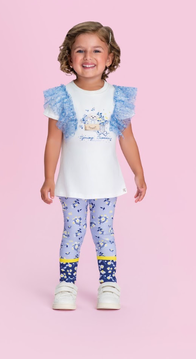 Conjunto Infantil Blusa Mangas Tule e Calça Legging Estampada - Petit Cherie