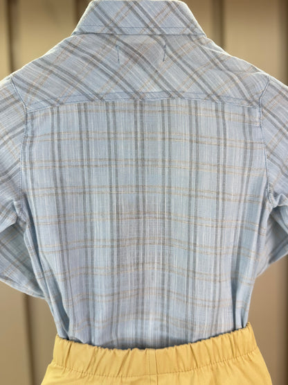 Conjunto Bebê Camisa-Body Algodão Xadrez ML Azul e Calça Sarja com Elastano Bege - Dame