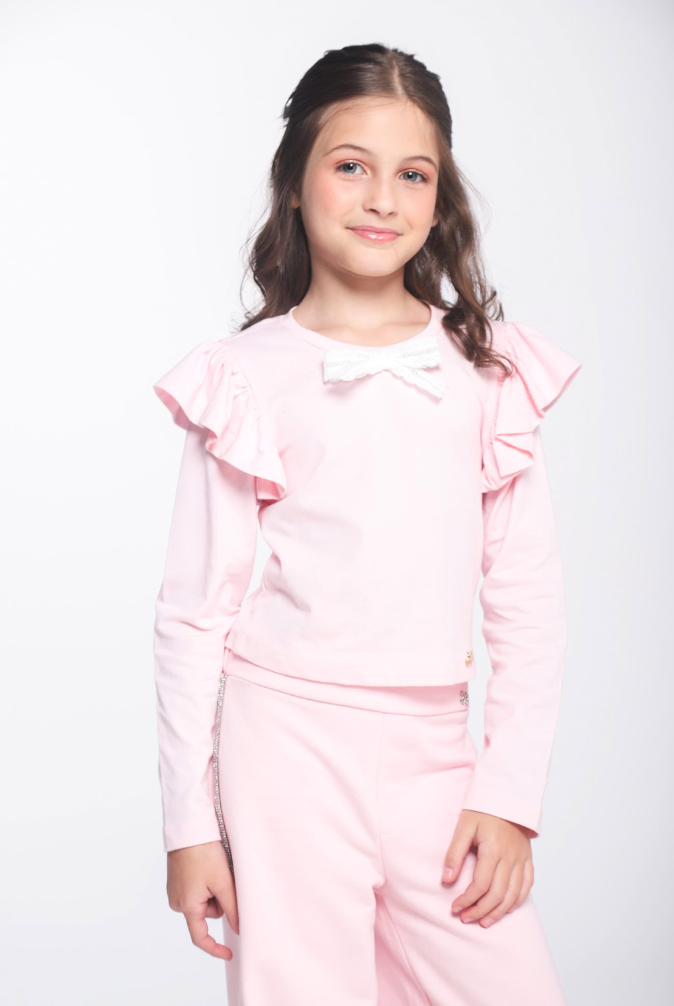 Conjunto Infantil Trio Blusa ML Laço, Casaco Strass e Calça Wide Leg com Glitter Lateral - Luluzinha