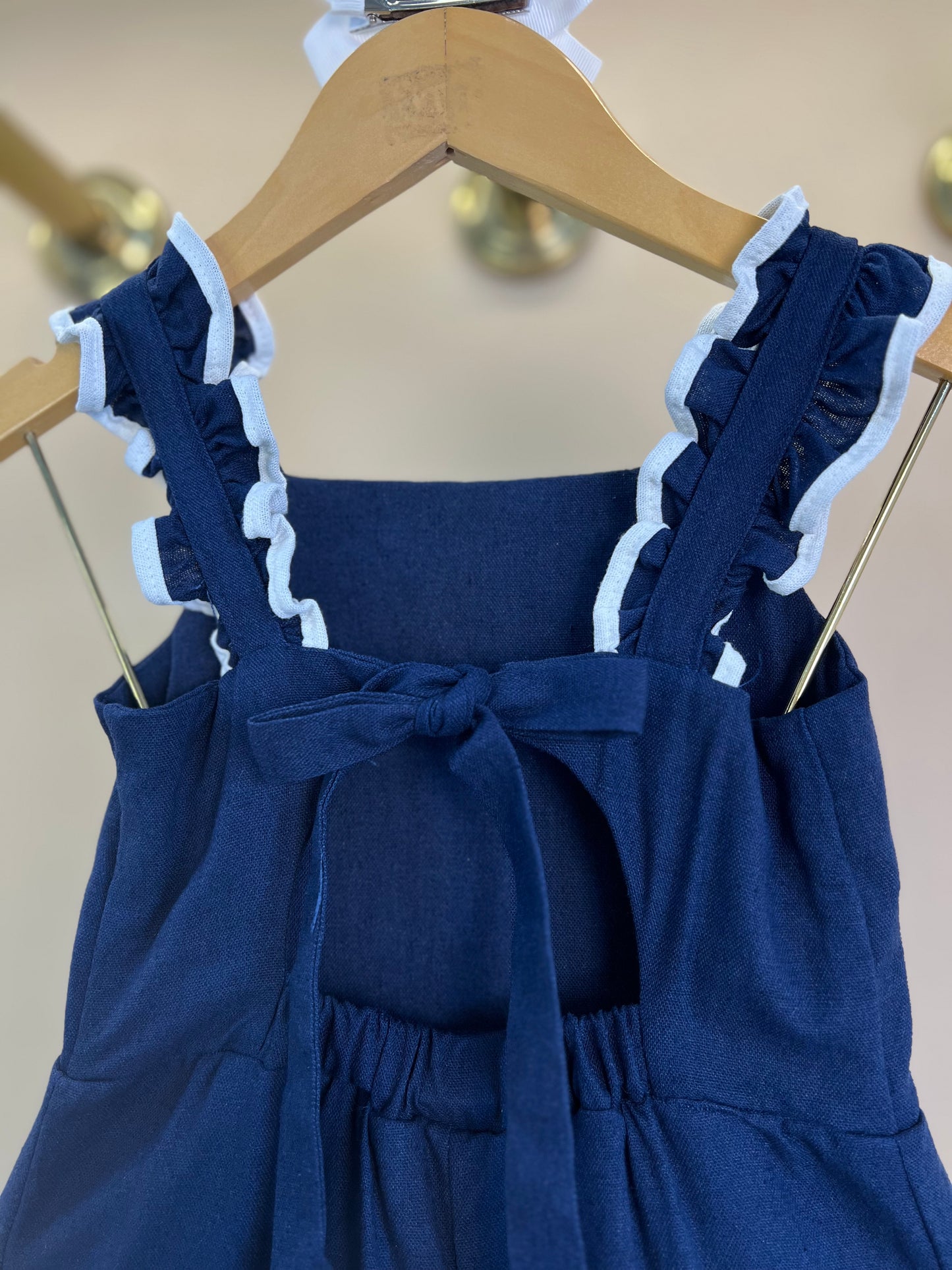 Vestido Infantil Linho Marinho Bordado Branco - Petit Cherie