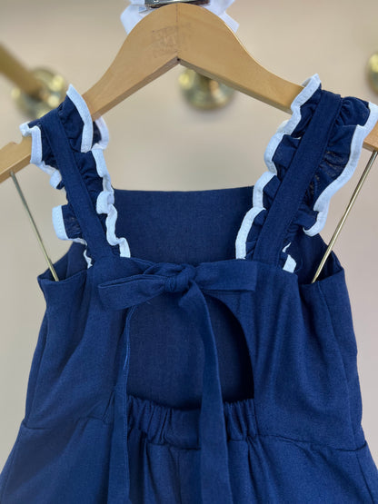 Vestido Infantil Linho Marinho Bordado Branco - Petit Cherie