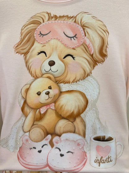 Pijama Infantil Blusa ML Ursinha de Máscara e Calça Estampada Rosa Claro - Infanti