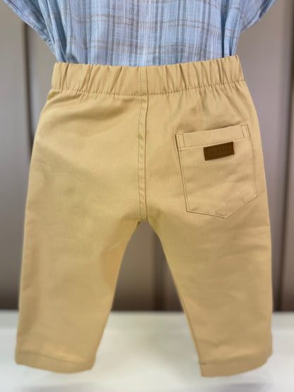 Conjunto Bebê Camisa-Body Algodão Xadrez ML Azul e Calça Sarja com Elastano Bege - Dame