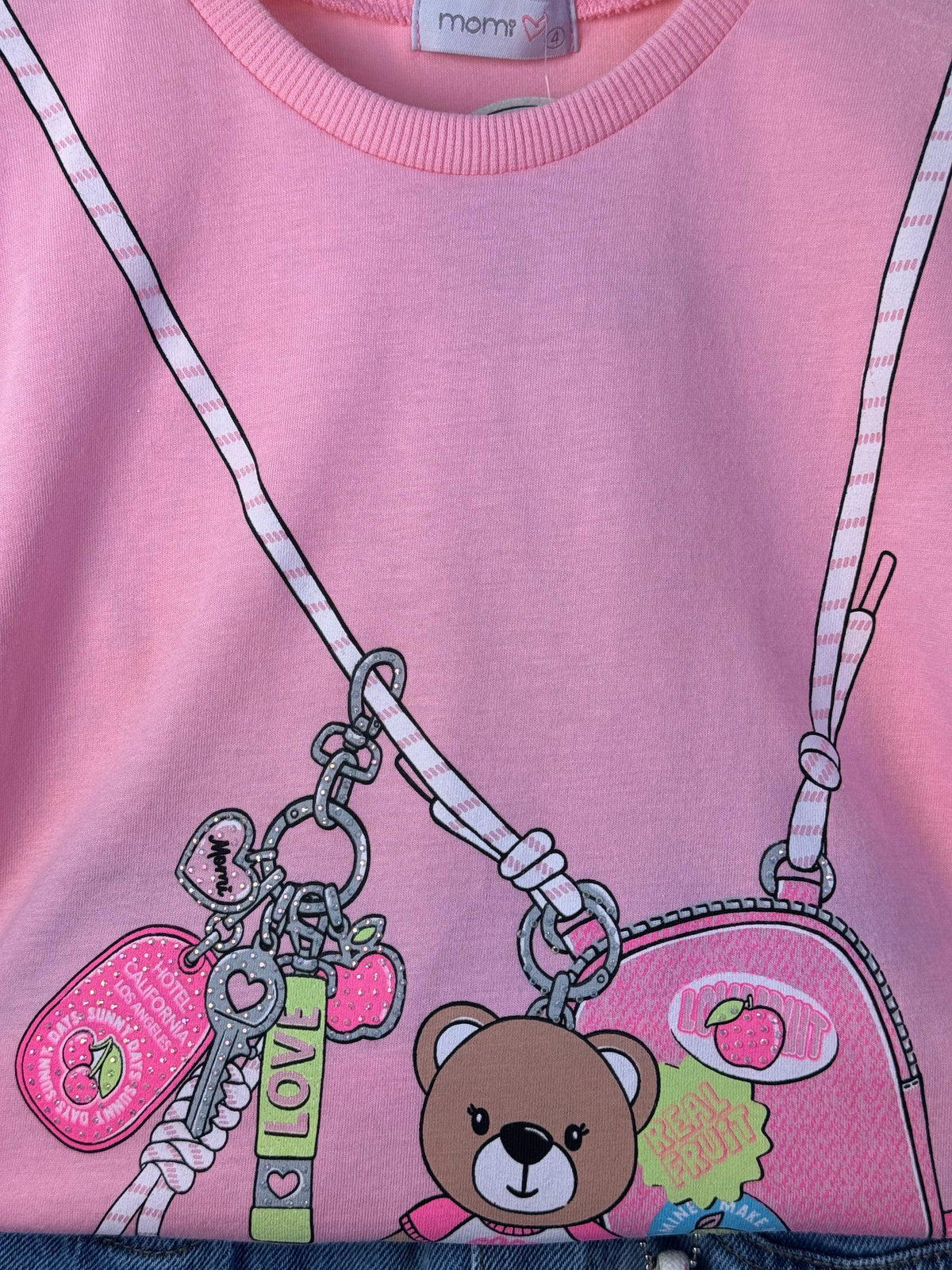 Conjunto Infantil Blusa Chaveiro Com Strass e Saia Jeans Pregas Com Pingente - Momi