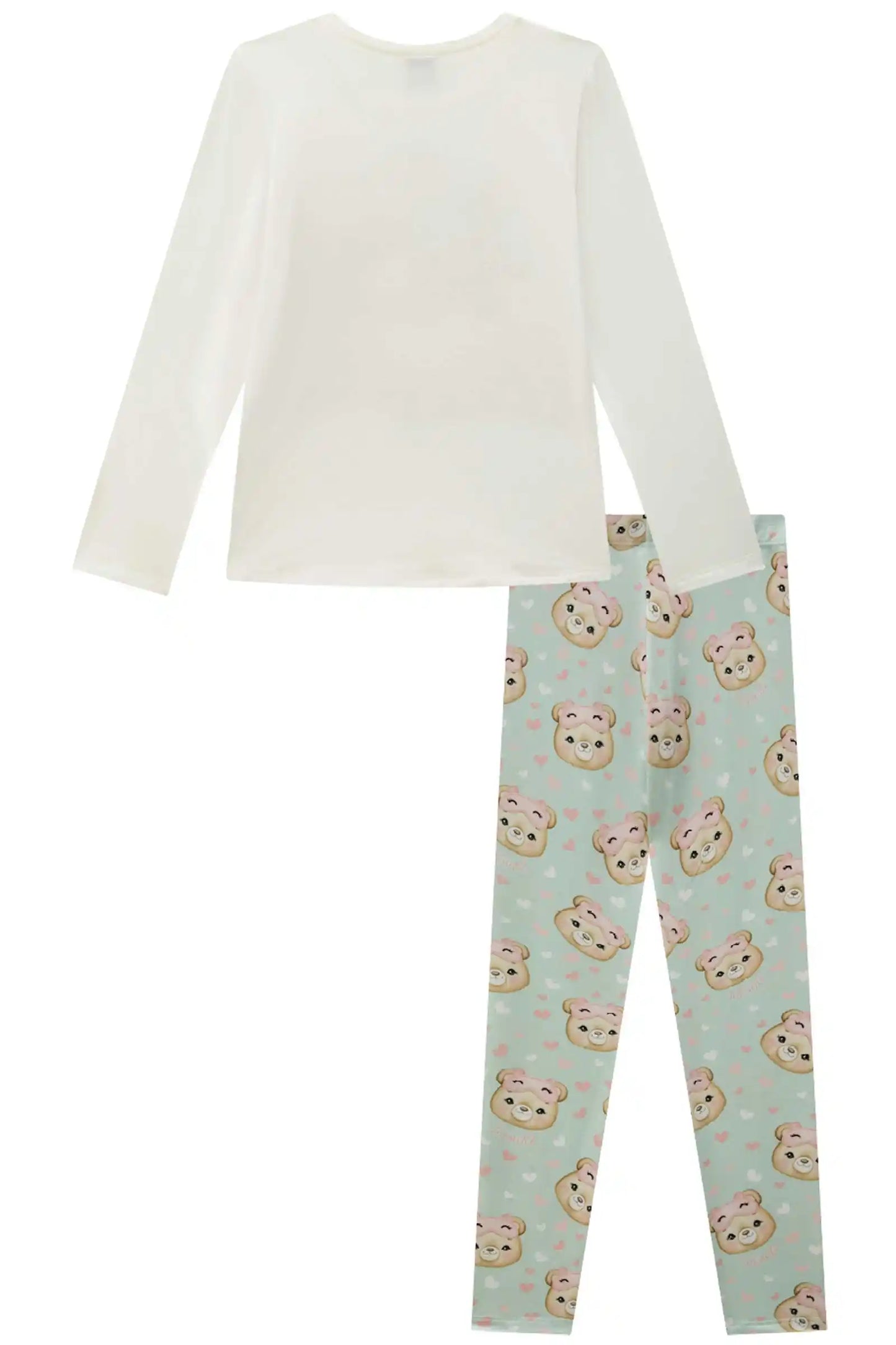 Pijama Infantil Blusa ML Ursinha Off e Legging Estampada Verde - Infanti