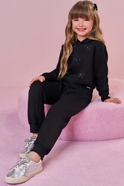 Conjunto Infantil Blusão Boxy Lacinhos Strass e Calça Jogger Tecnonew Preto - Infanti