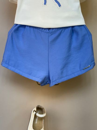 Conjunto Infantil Blusa Lacinho Manga Tule e Shorts Azul Médio - Infanti