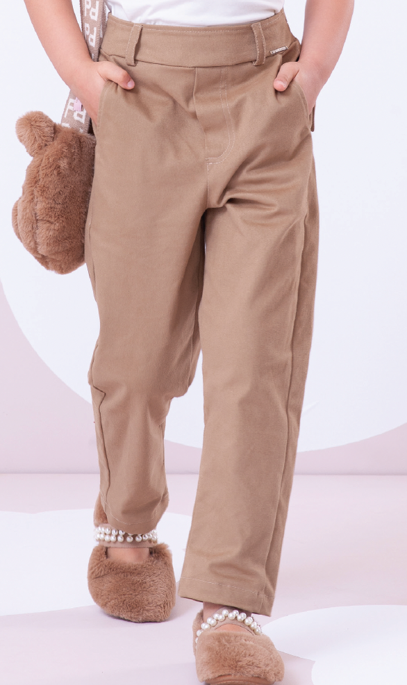 Calça Infantil Sarja Bolsos Laço Bege Escuro - Pituchinhus