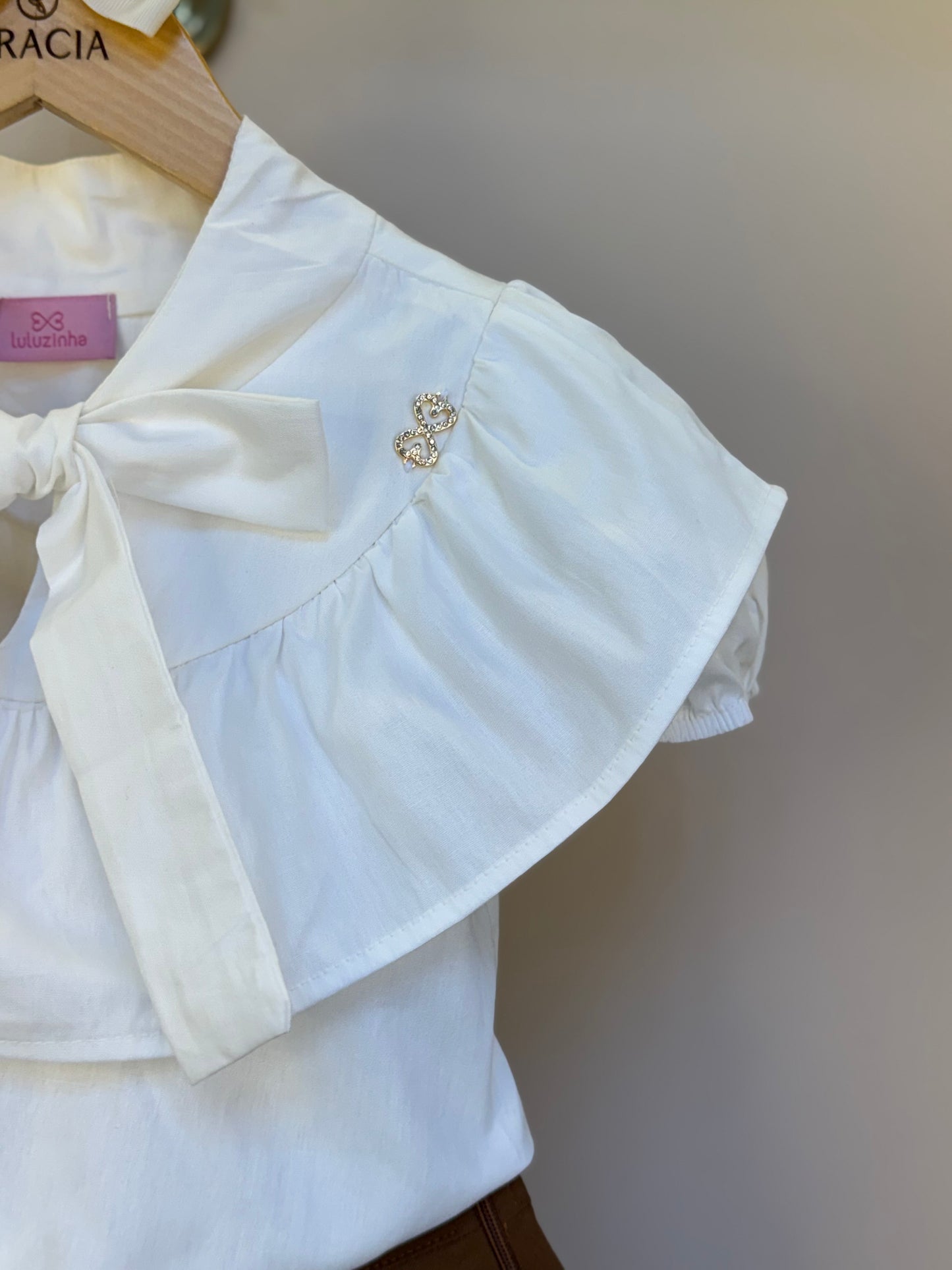 Conjunto Infantil Blusa Gola Laço E Saia Pregas Sarja Terracota - Luluzinha