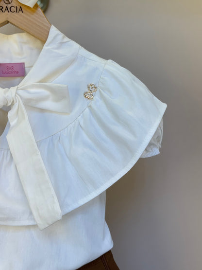 Conjunto Infantil Blusa Gola Laço E Saia Pregas Sarja Terracota - Luluzinha