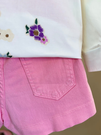 Conjunto Infantil Camisa Minnie Flores e Shorts-saia Sarja Rosa Girly - Animê Petite