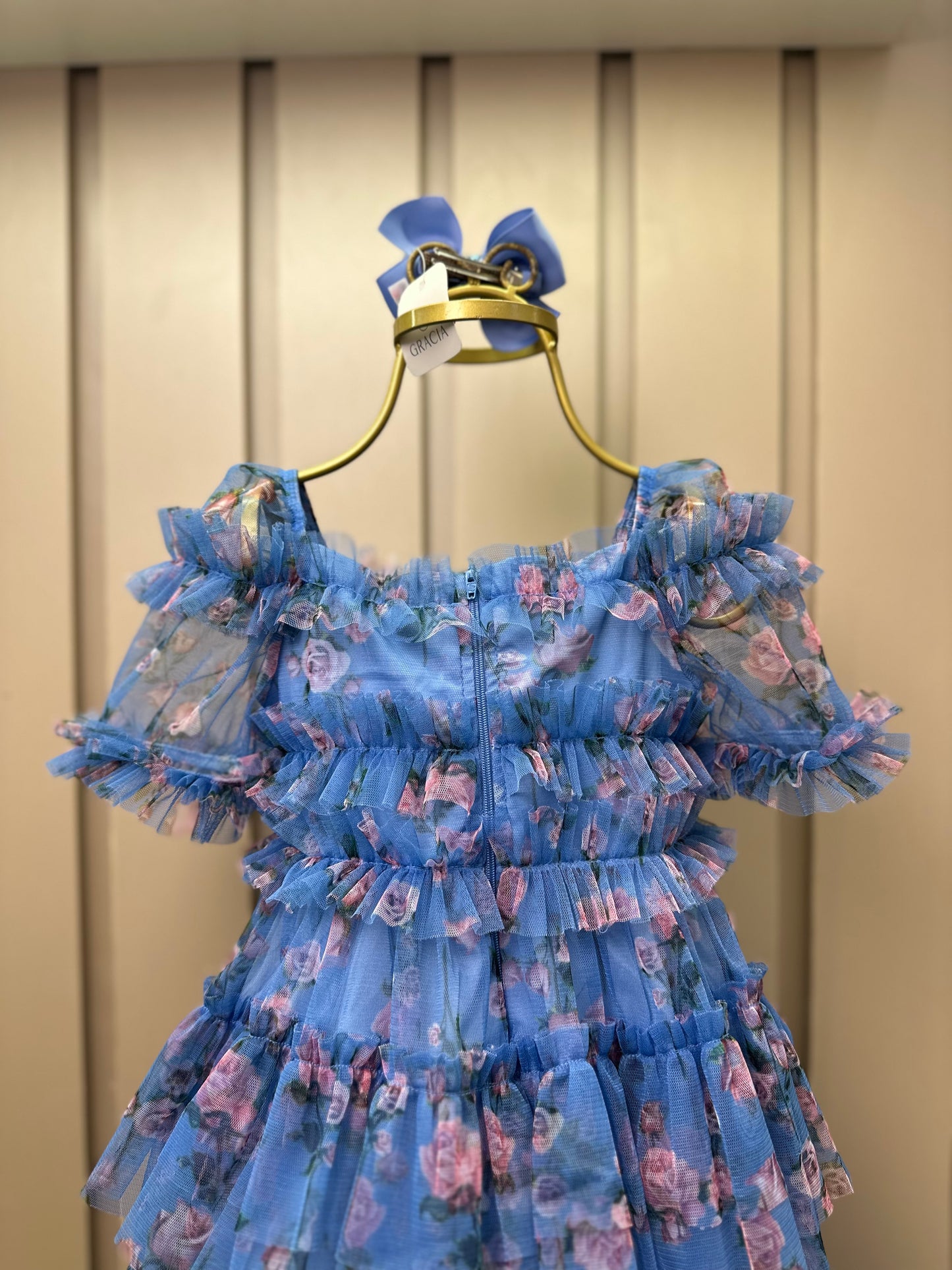 Vestido Infantil Midi Tule Floral Azul Babados - Luluzinha