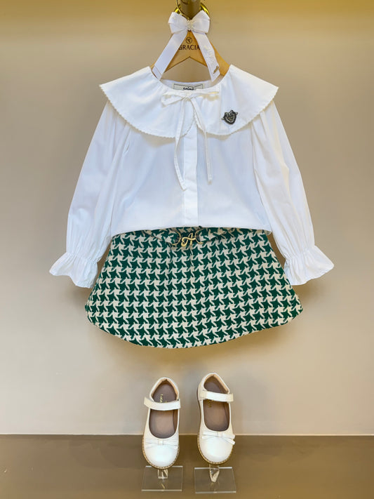 Conjunto Infantil Camisa com Laço na Gola e Saia Tweed Xadrez Verde - Animê