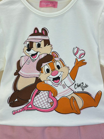 Conjunto Infantil Blusa Chip`N Dale Pérola e Shorts-saia Rosa Quartz - Momi Mini