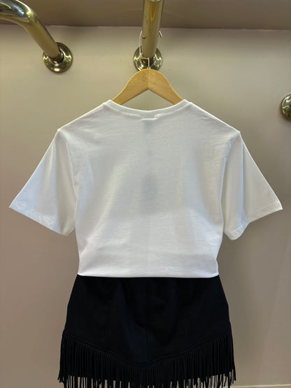Conjunto Teen Camiseta Oversized Simply Sweet Strass e Saia Suede Franjas Preta - Two In