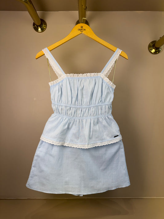 Conjunto Teen Blusa Acabamento Em Renda e Saia Azul - Vanilla Cream