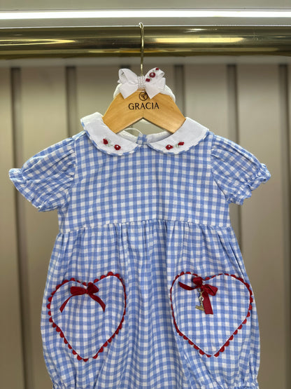 Pimpão Bebê Luxo Gola Bordada Renda Xadrez Azul - Roana