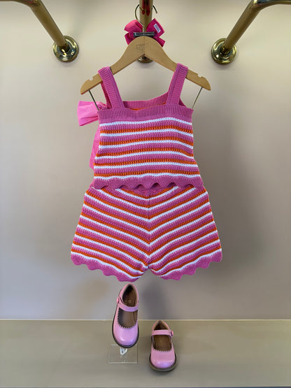 Conjunto Infantil Em Tricoline Listrado Blusa Laço Maxxi e Shorts Barra Andulada - Animê